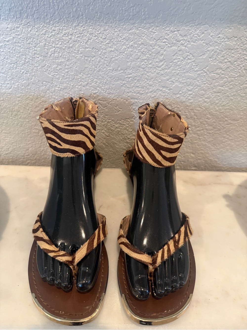 Vince Camuto Brown and Tan Zebra-Print Ankle-Wrap Sandals